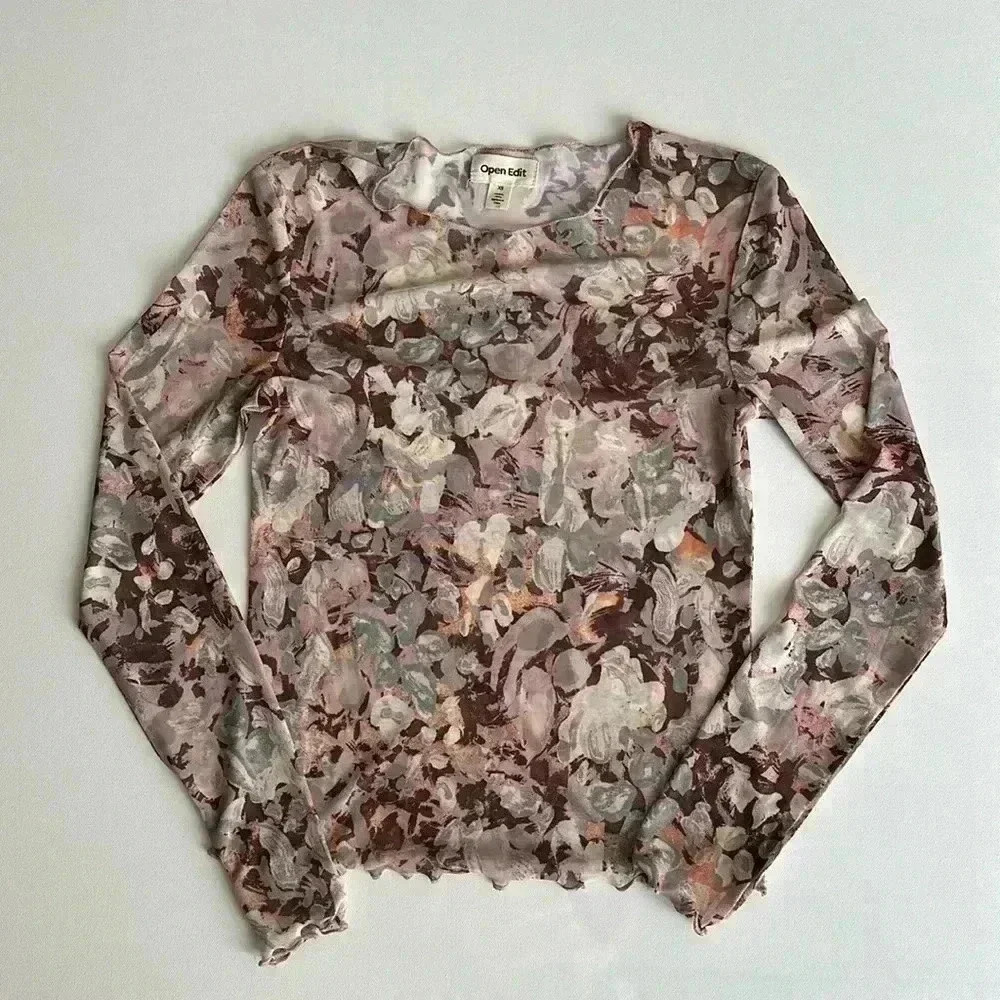 Open Edit Nordstrom Print Mesh Top pink painted floral size xs